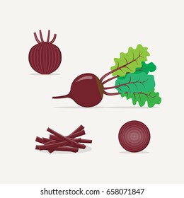 Purple beet flat realistic style vector illustration. Whole and cut in half the length and breadth of the plant. Chopped straw for salad or cooking.