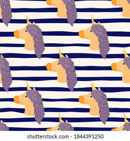 Purple and beige colored unicorn elements seamless doodle pattern. Striped background with white and navy blue lines. Designed for fabric design, textile print, wrapping, cover. Vector illustration.
