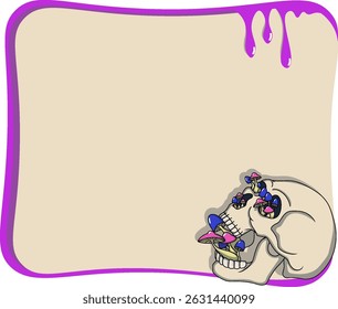 Purple and beige text frame with a skull with blue and pink mushrooms. Grungy and surreal design.