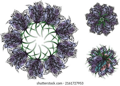 Purple bell frame and bells on white - three options. Spring floral border with bluebells. Vector illustration. Flat design for greeting cards, textiles, posters, photo frames, fashion trends, prints