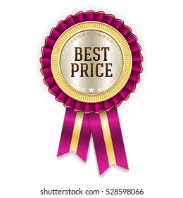 Purple best price badge / rosette with gold border on white background