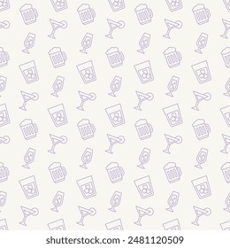 Purple beverage background. Basic flat design drink pattern. Water glass, beer mug, alcohol, whiskey, wineglass, cocktail, soda, ice sign symbol. Wallpaper, seamless.