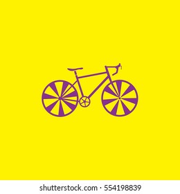 Purple bicycle with rims and yellow background