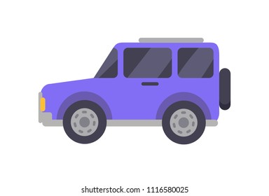 Purple big automobile of jeep type closeup, transport for family travelling and trips, car in motion on high speed isolated on vector illustration