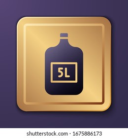 Purple Big bottle with clean water icon isolated on purple background. Plastic container for the cooler. Gold square button. Vector Illustration