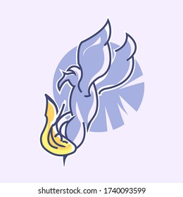 purple Bird catch and bring the fish logo character flat line style. For emoji, icon, sticker, logo, pin, patch, badge vector illustration