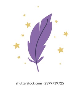 Purple bird feather hand drawn clip art. Cute magical attribute feather and stars. Simple letter symbol, isolated vector illustration