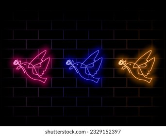 Purple bird neon sign. Luminous signboard with bird flying against brick wall. Bright night advertisement. Vector illustration in neon style.