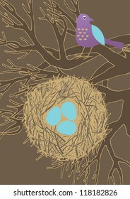 Purple bird and nest with eggs