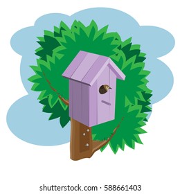 Purple birdhouse on a tree with a bird. Vector.