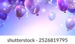 Purple birthday or anniversary horizontal banner with flying helium balloons and confetti ribbons. Realistic 3d vector illustration of holiday surprise celebration and congratulation template.