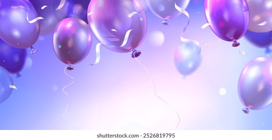 Purple birthday or anniversary horizontal banner with flying helium balloons and confetti ribbons. Realistic 3d vector illustration of holiday surprise celebration and congratulation template.