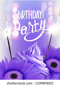 Purple birthday party banner with holiday deco objects. Vector illustration