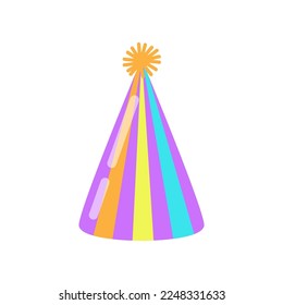 Purple birthday party cone cap cartoon illustration. Colorful accessory for celebration, carnival paper hat for children isolated on white background. Holiday, festive atmosphere concept