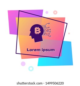Purple Bitcoin think icon isolated on white background. Cryptocurrency head. Blockchain technology, bitcoin, digital money market, cryptocoin wallet. Color rectangle button. Vector Illustration