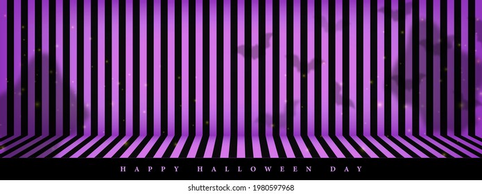 Purple and black abstract line vertical background. Halloween-style design studio stage room backdrop. Silhouette of ghost and bat. 3d.Product display with copy space for display. Vector illustration.