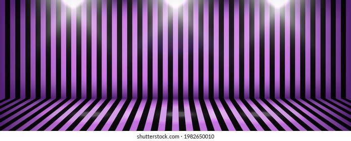 Purple and black abstract line vertical background. Halloween-style design studio with spotlight stage room backdrop. Product display with copy space for display. Vector illustration.