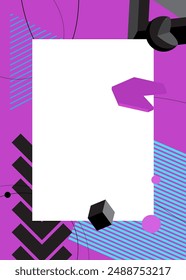 Purple, black and blue geometrical graphic retro theme background with place for text. Minimal geometric elements frame. Vintage abstract shapes vector illustration for advertising.
