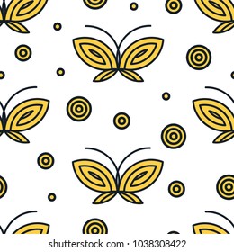 Purple and black butterflies and circles vector seamless pattern. Color background.