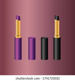 Purple and black colour Lipsticks in gold and black packaging with opened  purple and black cap isolated on multicolour pink and darker pink gradient background.