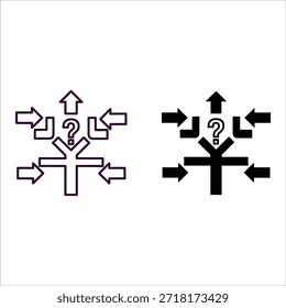 Flechas direccionales moradas y negras con signos de interrogación en el centro