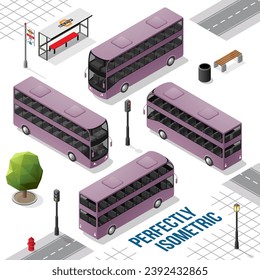 Purple and Black Double Decker Isometric Bus from the Front Back Right and Left isolated on White