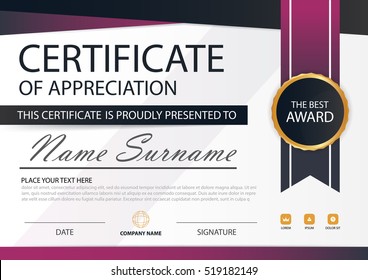 Purple black Elegance horizontal certificate with Vector illustration ,white frame certificate template with clean and modern pattern presentation