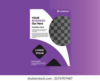 A purple and black flyer for a company