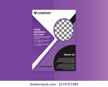 A purple and black flyer for a company