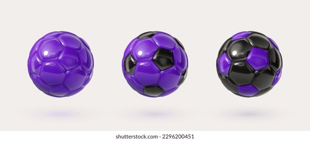 Purple and black glossy football balls isolated design elements on white background. Colorful soccer balls collection. Vector 3d design elements. Sports close up icons