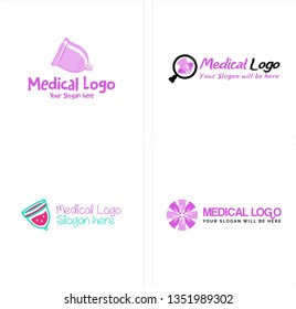 Purple black line art menstrual cup magnifying glass combination mark logo design concept suitable for medical pharmaceutical healthy women