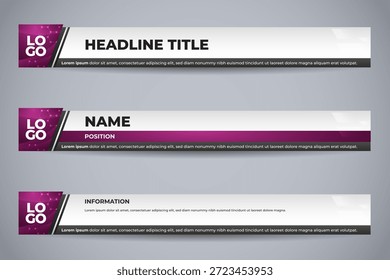 Purple and Black Lower Third Graphics with Hexagonal Logo Area and Informative Text Layout for Broadcast Media