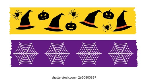 Purple black and orange Halloween washi tape set with cute pumpkins spiders and flying bats. Vector masking tape collection for holiday scrapbooking wrapping interior and festive decoration ideas.