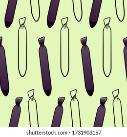 Purple and black outline style neckties seamless pattern. Decoration for greeting card, wrapper and textile. Green background, vector.