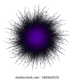 Pompón morado y negro. Pompón esponjoso aislado. Pelota de cuatro. Ilustración vectorial 3D.