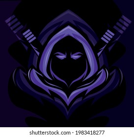Purple and black Reaper ninja warrior e-sport gaming vector mascot logo desing for gamers, players, teams and streamers