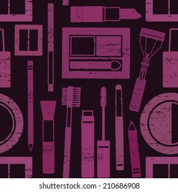 Purple and black scratched seamless pattern background with makeup objects