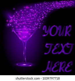 Purple and black template for your text. Vector hand-drawn glass for martini, alcohol cocktail in purple neon colors. Layout, template for postcards, congratulations, printed products. Vector EPS 10.