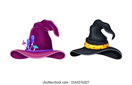 Purple and black witch hats. Magician, wizard, sorcerer or mage costume element cartoon vector illustration