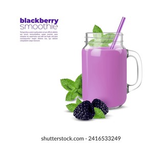 Purple blackberry and mint leaves smoothie or juice. Isolated 3d vector refreshing blend of berries and peppermint, creating a vibrant drink, bursting with fruity goodness and hint of minty freshness