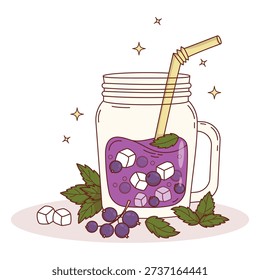 Purple Blackcurrant Drink with Ice Cubes, Berries in clear in mason jar. Summer Refreshing Cocktail with straw and Mint. Vector Illustration Lemonade Healthy Seasonal smoothie