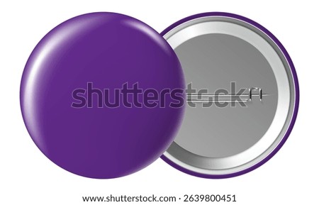 Purple blank badge displaying both front and back sides with a pin, isolated against a white background, perfect for showcasing custom text, logos, or unique designs