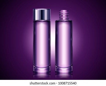 Purple blank container set, cosmetic mockup for design uses in 3d illustration, set of glass tall bottle