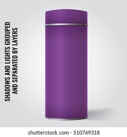 Purple Blank Tin can packaging mockup. Tea, coffee, dry products, gift box. Place your design over the box.