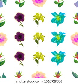 Purple Bllflower. Green bird of paradise. Yellow Magnolia. Violet Petunia. Yellow Lilium. Green Plumeria. Vector illustration. Seamless background pattern. Floral botanical flower. Wild leaf.