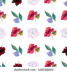  Flor morada. Calla Roja. Camellia Blanca. Rosas Rojas Mallow. Ilustración vectorial. Patrón de fondo sin problemas. Flor botánica floral. Flor silvestre de hoja silvestre aislada. Exótico hawaiano tropical.