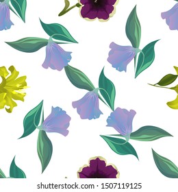 Purple Bllflower. Yellow Lilium. Violet Petunia. Vector illustration. Seamless background pattern. Floral botanical flower. Wild leaf wildflower isolated. Exotic tropical hawaiian jungle. Fabric.