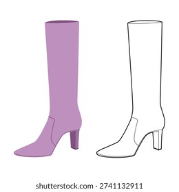 Purple block heel midi boot women flat plus line set. Mid-calf shaft with chunky heel winter glamorous occasions. Technical fashion illustration CAD mockup mixed vector men unisex isolated chic style.
