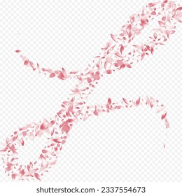 Purple Bloom Vector Transparent Background. Rose Japanese Pattern. Petal Rain Design. Cherry Wind Poster. Pink Heart Flutter Banner.