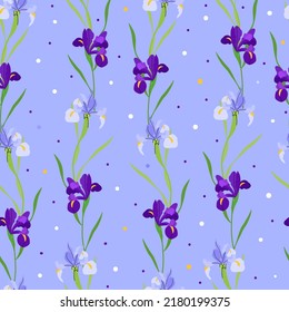 Purple Blooming Iris Flowers Vector Seamless Pattern on blue background. Floral flat illustration for Fabric, Wallpaper, Invitations
